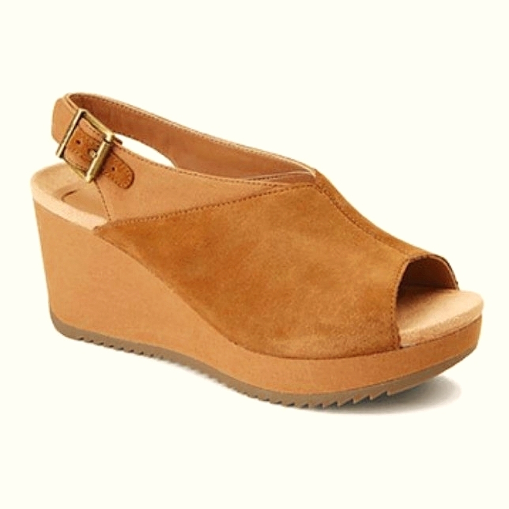 Vionic Trixie platform toffee brown suede leather wedge sling back shoes size 8
